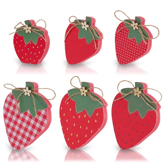 6 Pcs 6 Styles Wooden Strawberries Decor Wood Strawberries Summer Tier Tray Decoration Wooden Strawberry Table Decor