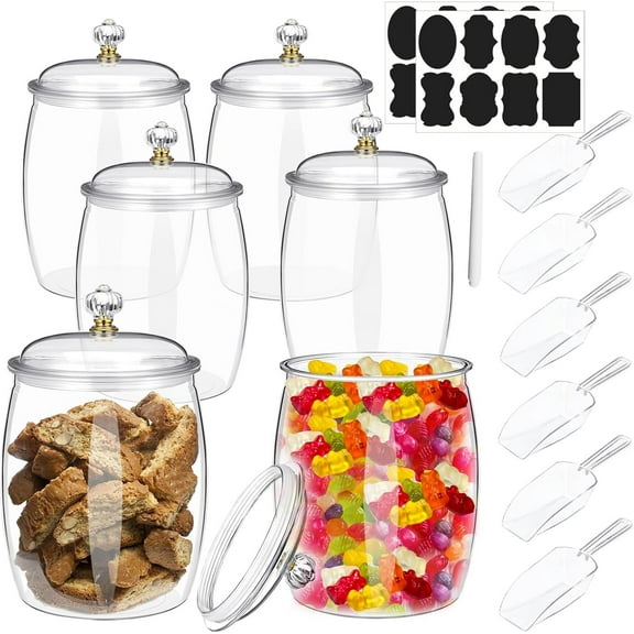 6 Pcs 64 oz Candy and Cookie Jar with Lids 6 Spoons Plastic Jars Decorative Apothecary Jars Candy Buffet Containers Clear Can Airtight Food Storage Canister for Home Decoration Supplies