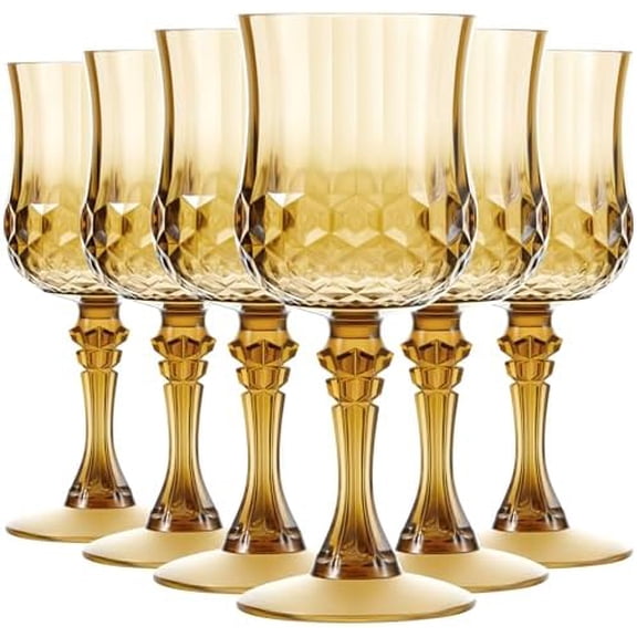 6 Pcs 7 oz Plastic Vintage Wine Glasses Reusable Colored Goblets Patterned Drinking Water Glasses Cup Dishwasher Safe for Valentine's Day Wedding Reception Party Supplies (Gold)