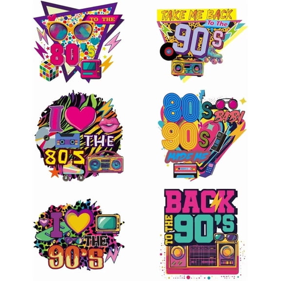 6 Pcs 80s and 90s Items Iron on Decals Patches Cool Retro Print Iron on Stickers Age Theme Heat Transfer Stickers Plastic Washable Patches for DIY Making