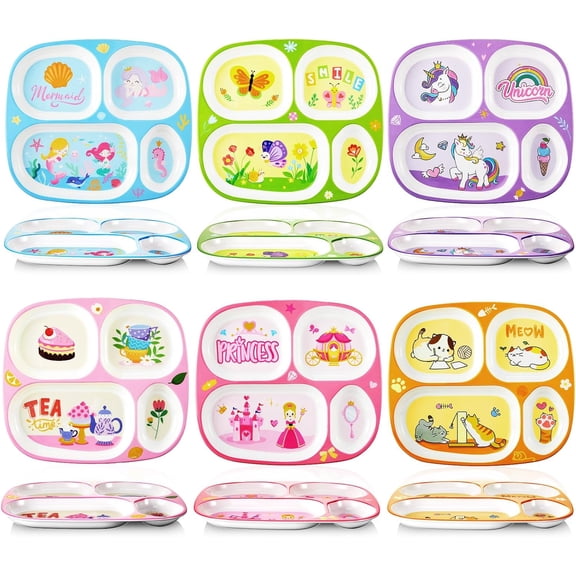 6 Pcs 9.4 x 8.2 Inch Dinner Plate for Kids Girls Boys Cute Toddler Divided Plates Plastic Funny Serving Dishes for Unicorn Princess Mermaid Butterfly Party Cat