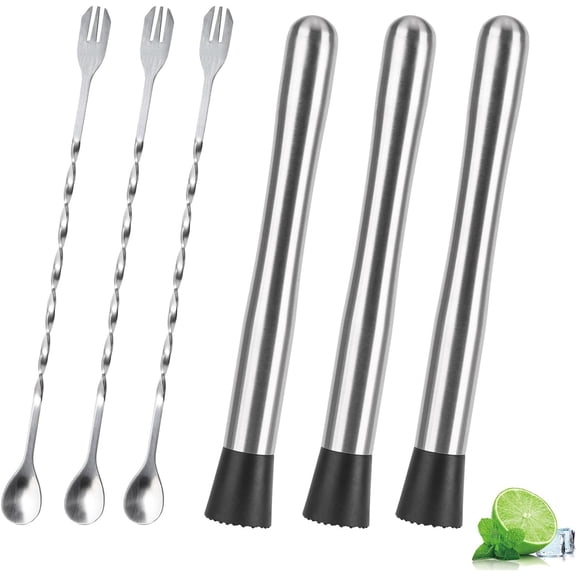 6 Pcs 9.8 Inch 304 Stainless Steel Cocktail Muddlers Mixing Spoon Fruit Ice Crusher Bar Event Party Professional Tool