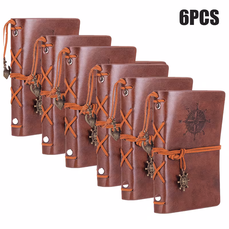6 Pcs A6 Retro Compass Notebook Set, 5x7 Inch Leather Journal 160 Pages Blank Paper, Refillable Travel Notebook for Writing Exam Prep and Term Starts Gift,  Journals in Bulk