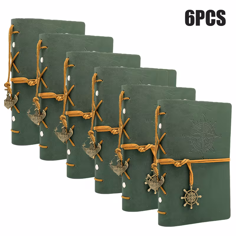 6 Pcs A6 Retro Compass Notebook Set, 5x7 Inch Leather Journal 160 Pages Blank Paper, Refillable Travel Notebook for Writing Exam Prep and Term Starts Gift,  Journals in Bulk