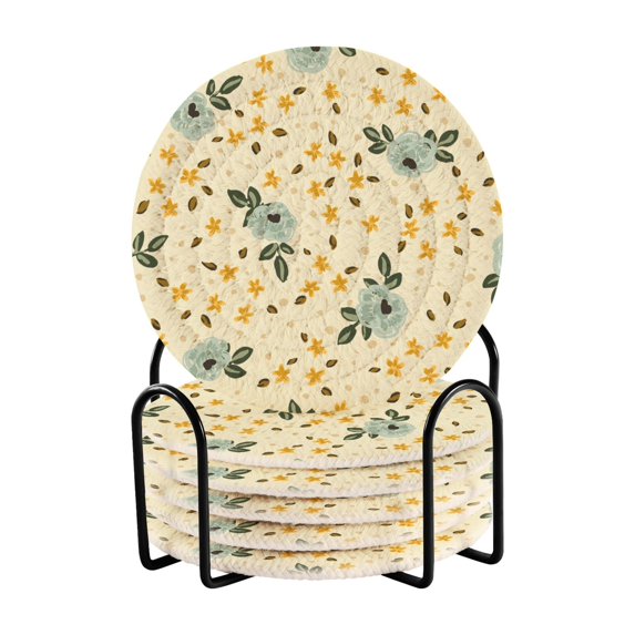6 Pcs Abstract Daisy Floral Drink Coasters with Holder Absorbent Coaster Sets Cup Heat-Resistant Hot Pads Mats for Bar Table Protection