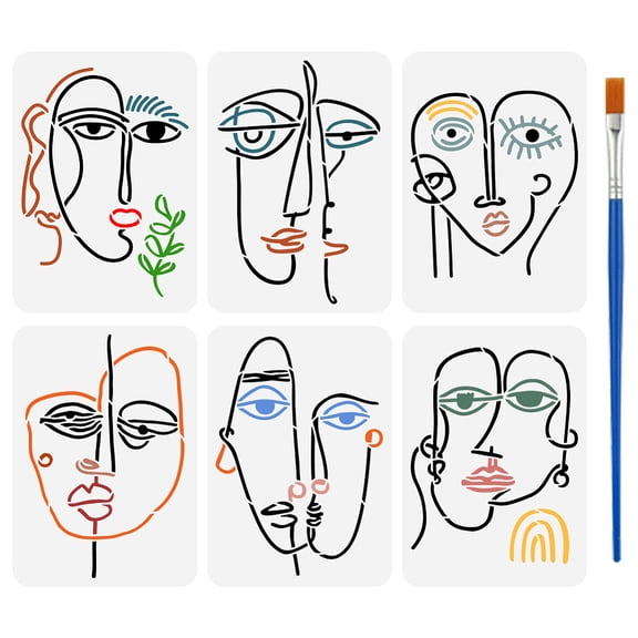 6 Pcs Abstract Human Face Stencil with a 16cm Paint Brush 11.7x8.3inch Portrait Face Pattern Stencils Reusable Plastic Template for DIY