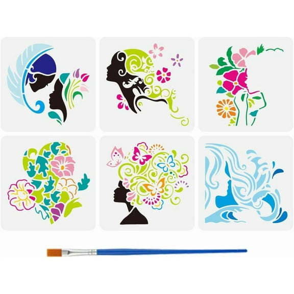 6 Pcs Abstract Woman Portrait Painting Stencil with Paint Brush 5.9x5.9inch Women's Face Silhouette Drawing Template Beauty Lady Stencil