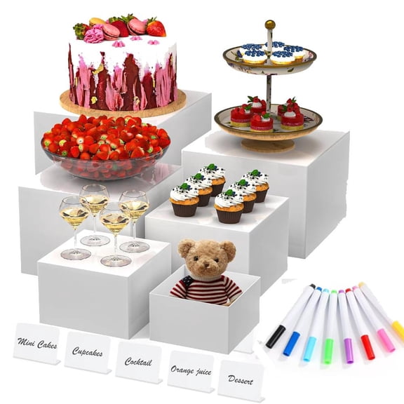 6 Pcs Acrylic Box with Hollow Bottom 5 Different Sizes Buffet Risers Stackable Buffet Stands Reusable Food Stands Multifunctional Food Display Risers for Party Buffet Table