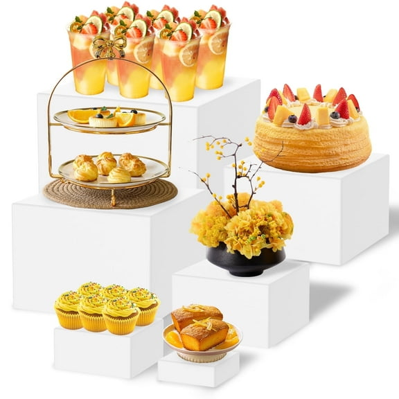 6 Pcs White Acrylic Boxes with Hollow Bottom for Display as Buffet Risers and Stands, Food Risers for Party, Table, Stands, including 8,7,6,5,4,3 Inch