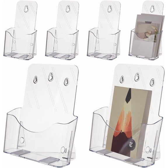 6 Pcs Acrylic Brochure Holders 10.5x9.3 Inch and 7.9x4.3 Inch Clear Wall Mounted Slant Back Design Literature Magazine Storage Display Self Assembly