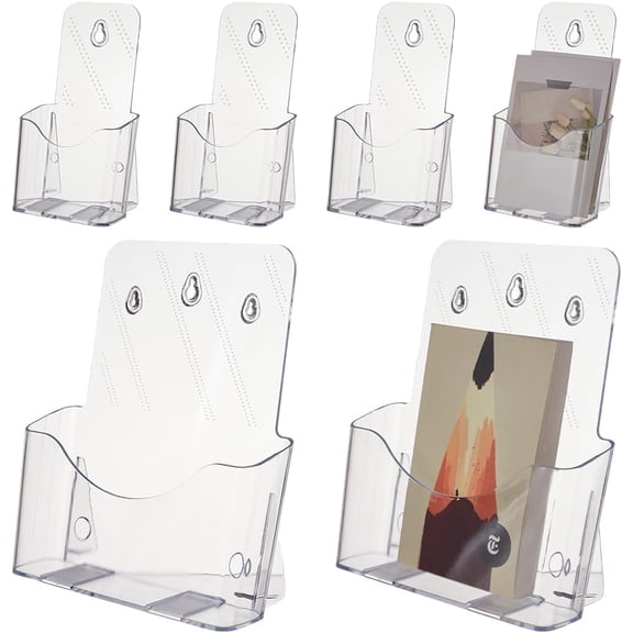 6 Pcs Acrylic Brochure Holders 10.5x9.3 Inch and 7.9x4.3 Inch Clear Wall Mounted Slant Back Design Literature Magazine Storage Display
