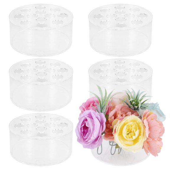 6 Pcs Acrylic Flower Vases, Clear Floral Centerpieces for Dining Table Decor, Modern 12-Hole Round Flower Boxes, Low Flower Holders with Holes for Wedding Party Decorations