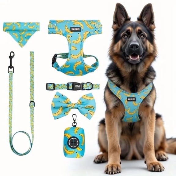6 Pcs Adjustable Pet Harness Set – Leash, Collar, Bowknot, Flag & Trash Bag Holder for Large Dogs