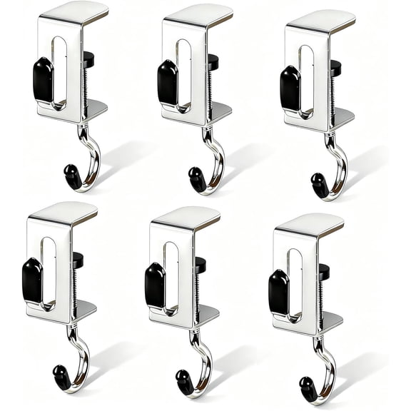 6 Pcs Adjustable Purse Hook for Desk, Heavy Duty Metal Clamp Hook Holds 22lbs, Tool-Free Table Hanger for Office Home Dorm