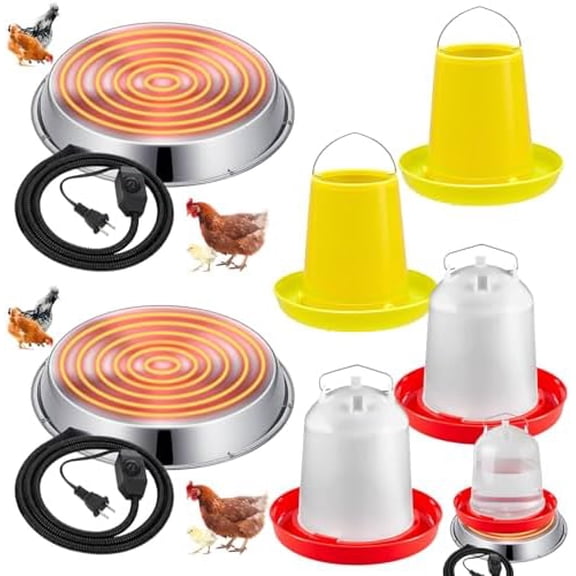 6 Pcs All-in-One Chick Brooder Kit with 48W Chicken Water Heated for Winter Chick Feeder and Waterer Set Poultry Waterer Heated Base Chicken Duck Goose