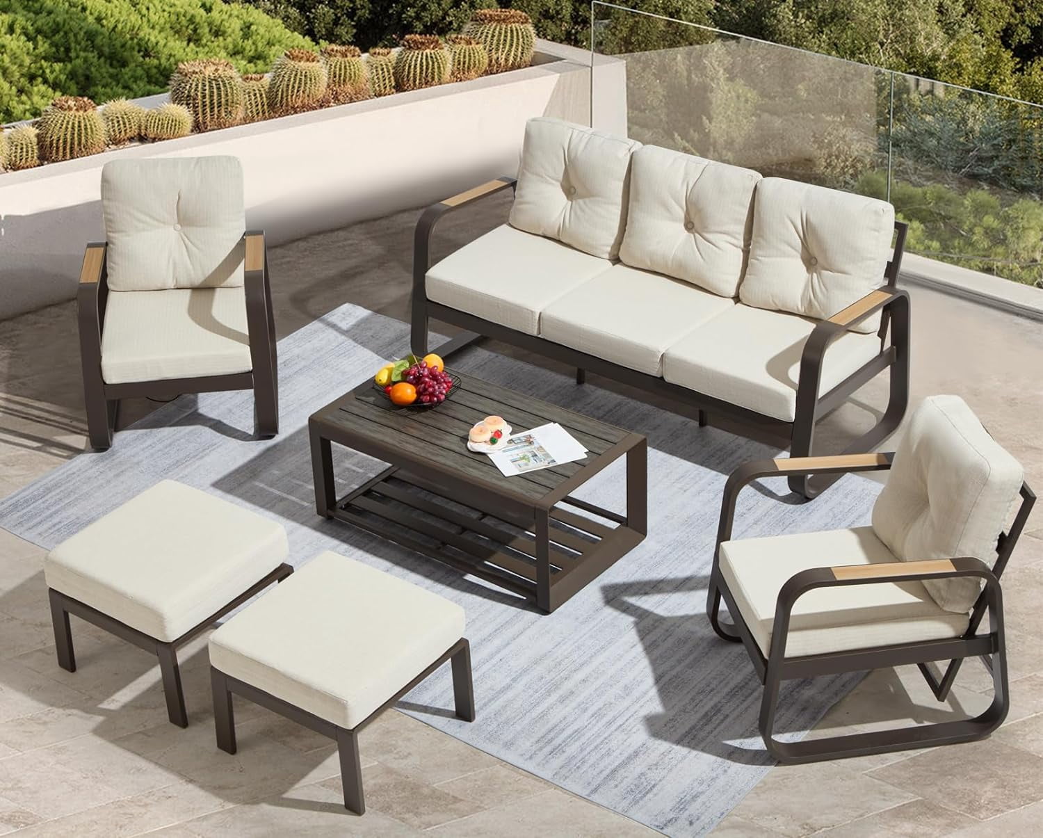6-Pcs Aluminum Patio Furniture Set with coffee table Outdoor Conversation Sofa Set include adjustable 3-seater Sofa, 2 Hydraulic Chair , 2 Ottoman for Balcony, Garden, Poolsid （Brown）