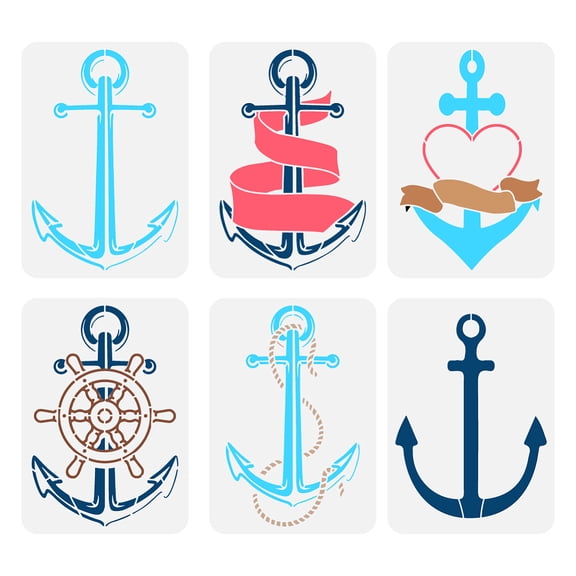 6 Pcs Anchor Painting Stencil 11.7x8.3inch Reusable 6 Styles Anchor Rudder Love Drawing Template DIY Summer Nautical Theme Decoration Stencil diy