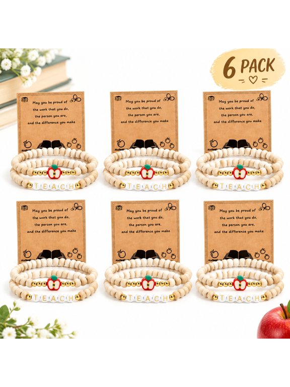 6 Pcs Apple Beaded Bracelets with Greeting Cards, Wooden Bead Elastic Bracelet Set for Her Him, Apple Pendant Jewelry Gift for Teachers Day Graduation Wedding Birthday, Appreciation Favor Presents