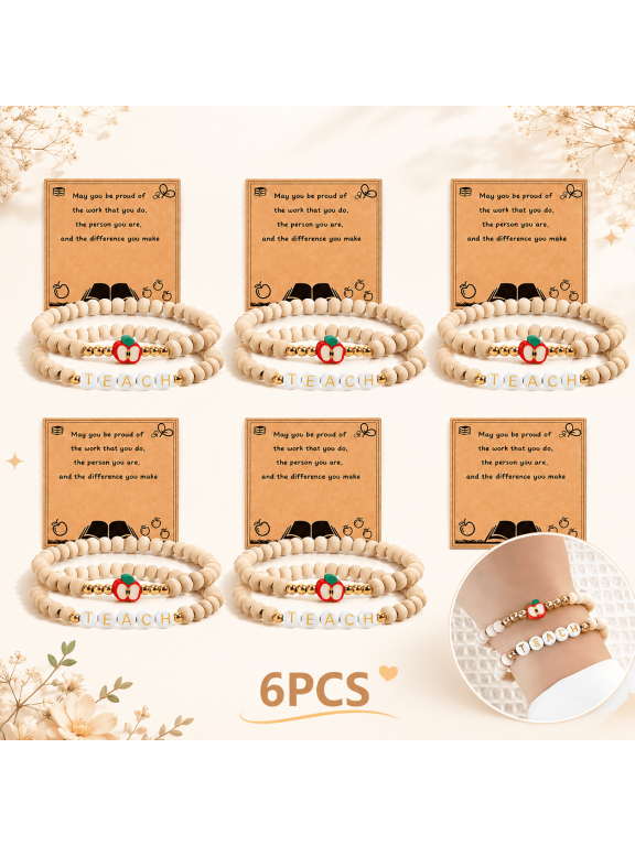6 Pcs Apple Beaded Bracelets with Greeting Cards, Teacher Appreciation Gifts Bulk for Women, Birthday Wedding Graduation Christmas New Year Favors