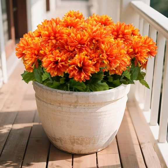 6 Pcs Artificial Chrysanthemum Flowers Fake Mum Balls with Stem Mini Silk Bouquets for Table, Wedding, Party Decorations (Orange)