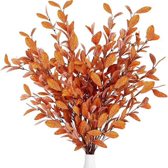 6 Pcs Artificial Fall Euc Stems Fall Euc Leaves Silk Autumn Leaf Branches Fall Decorations for Home Vase Thanksgiving Table Centerpieces Harvest Festival Decor (Orange)