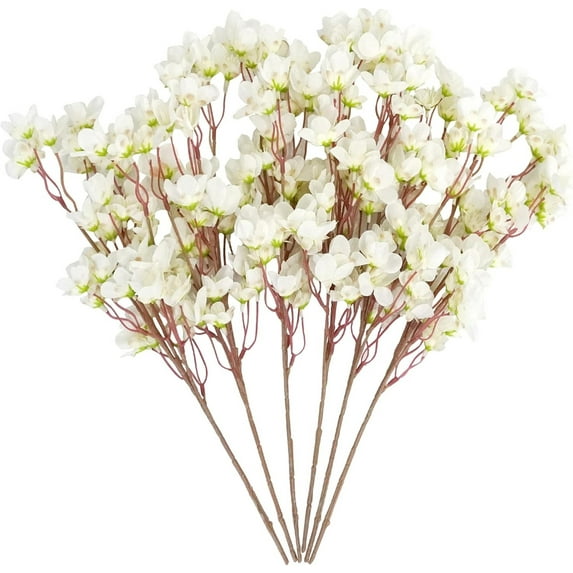 6 Pcs Artificial Flowers Cherry Blossoms Fake Flowers,Bexikou 16'' Faux Cherry Flowers Branches,Fake Cherry Blossom Branches for Wedding Table Centenpieces Arrangements Decoration(White)