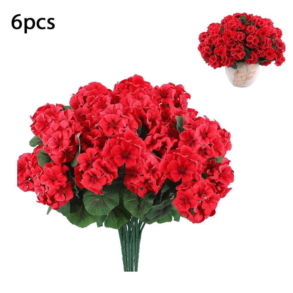 6 Pcs Artificial Geranium Flowers for Outdoors Geranium Silk Red Flower Outdoor UV Resistant Garden Plants Faux Flowers for Christmas Home Kitchen Table Centerpieces Decor, Without Flower Pot