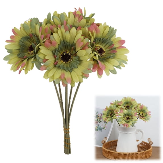 6 Pcs Artificial Gerbera Daisies Flowers 10 in Fake Daisy Bouquet with Flexible Stems Boho Faux Wildflower for Wedding Bridal Groovy Party Home Kitchen Decor, Green