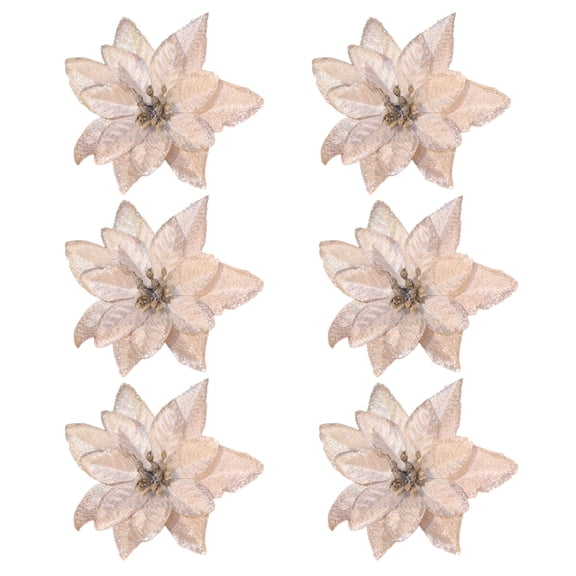 Vensio-6 Pcs Artificial Glitter Poinsettia Flowers with Clips for Christmas Tree-silver-
