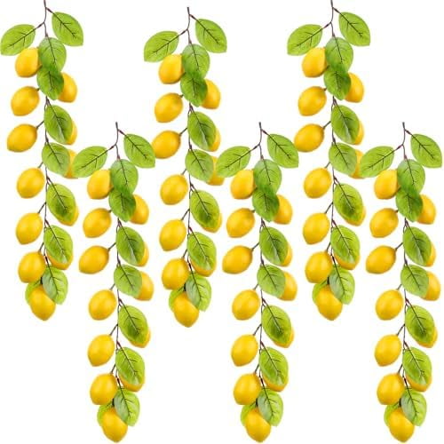 6 Pcs Artificial Lemon Garland 20 Inch Summer Lemon Fruit Vine with Green Leaves Fake Hanging Plants Greenery Decor for Home Garden Door Wall Wedding Party Table Decoration