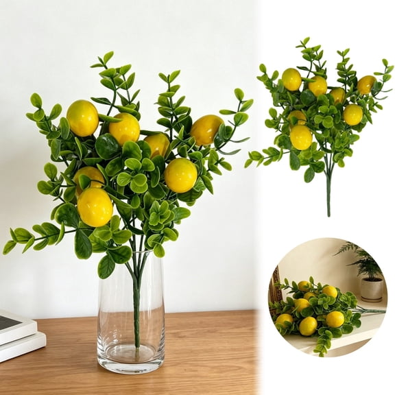 6 Pcs Artificial Lemons Fruit Branches, Lifelike Lemon Stems for Kitchen Table Office Desk Wedding Arrangements, Outdoor Courtyard Spring Summer Decoration for Home