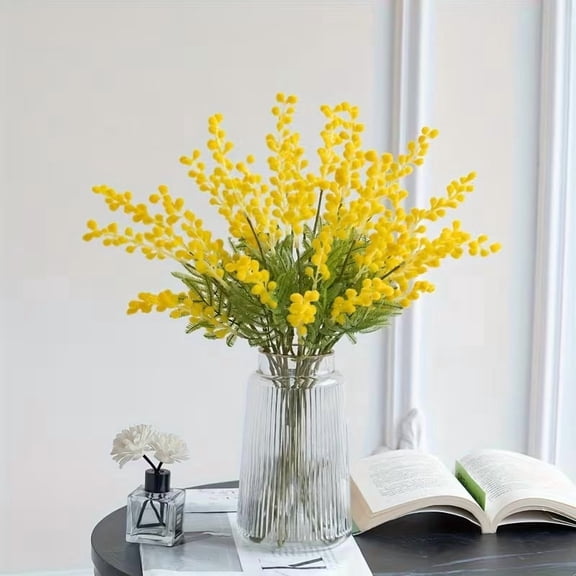 6 Pcs Artificial Mimosa Bouquet Yellow Buds Green Leaves Fake Flowers Home Decor