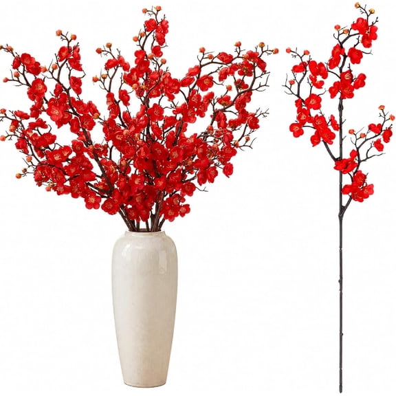 6 Pcs Artificial Plum Blossom Faux Flowers Silk Simulation Bouquet Flower Chinese Japanese Cherry Blossom Hibachi Party Decoration for Home Kitchen Hotel Office Wedding Party (Red,Gorgeous)