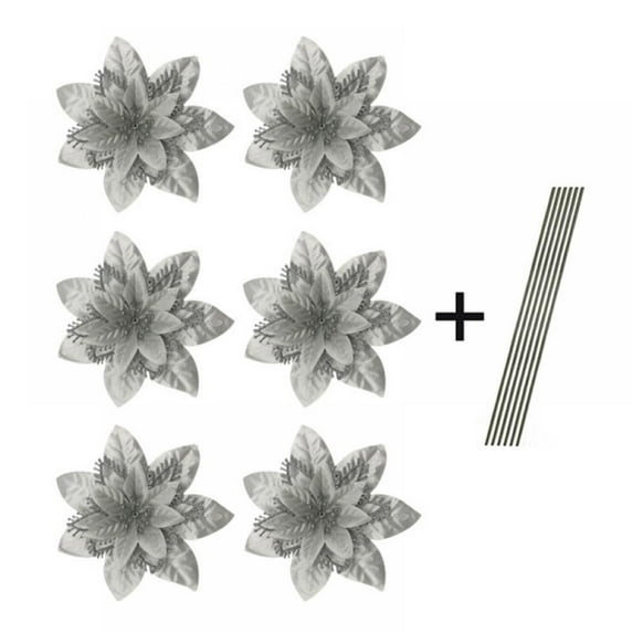 6 Pcs Artificial Poinsettia Christmas Flowers with Clips and Stems Glitter Christmas Tree Ornaments for Xmas Wreath Wedding,Restaurant Decoration