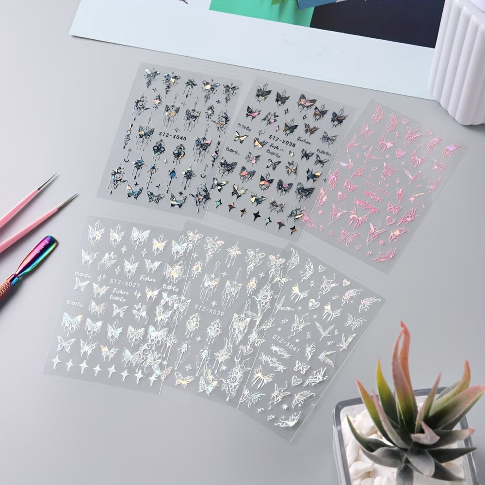 6 Pcs Aurora Laser Butterfly Castle Nail Art Stickers - 3D Self ...
