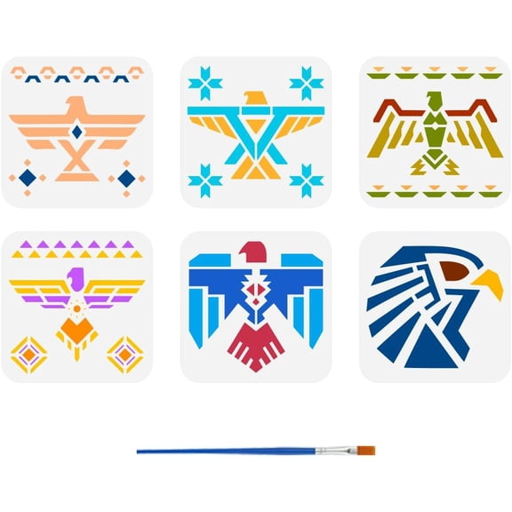 6 Pcs Aztec Eagles Painting Template with Brush 5.9x5.9inch Symbols Eagles Painting Template Geometry Eagles Stencil Various Eagles Painting Stencils Reusable DIY Art Craft Stencil colorful