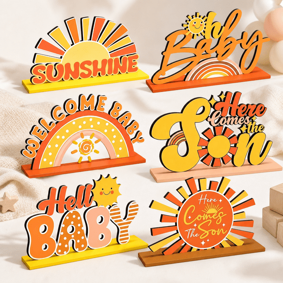 6Piece Boho Wooden Sunshine Table Decorations Retro Party Centerpieces for Showers, Home, Office, and Tier Tray Displays (Orange)