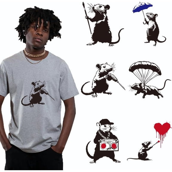 6 Pcs Banksy-Themed Iron on Decals Patches Graffiti Rat Iron on Stickers Animal Theme Heat Transfer Stickers Plastic Washable Patches for DIY Making