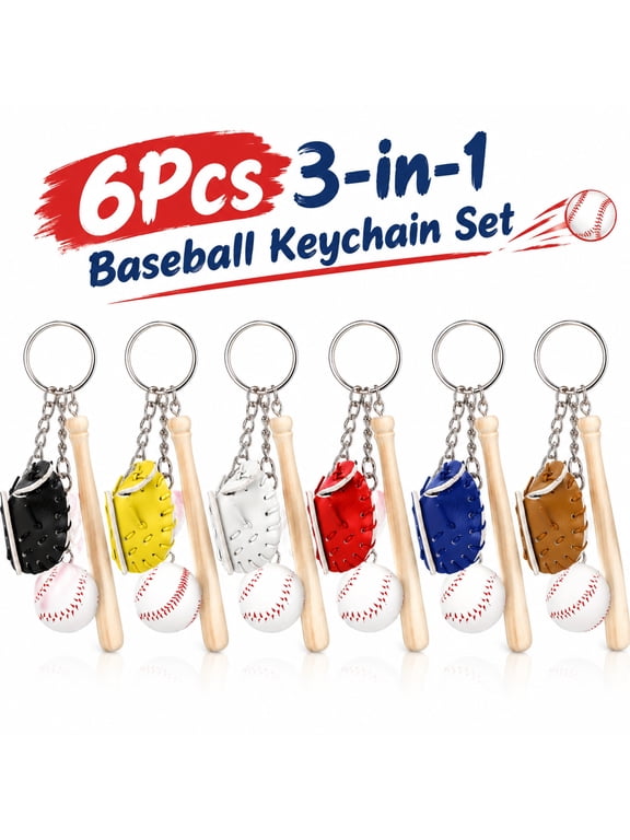 6 Pcs Baseball Keychain Set, Colorful Bat Ball and Mitt Charms, Sports Theme Key Ring for Men Women, Baseball Fan Gift Accessory, Backpack Zipper Pendant Decoration