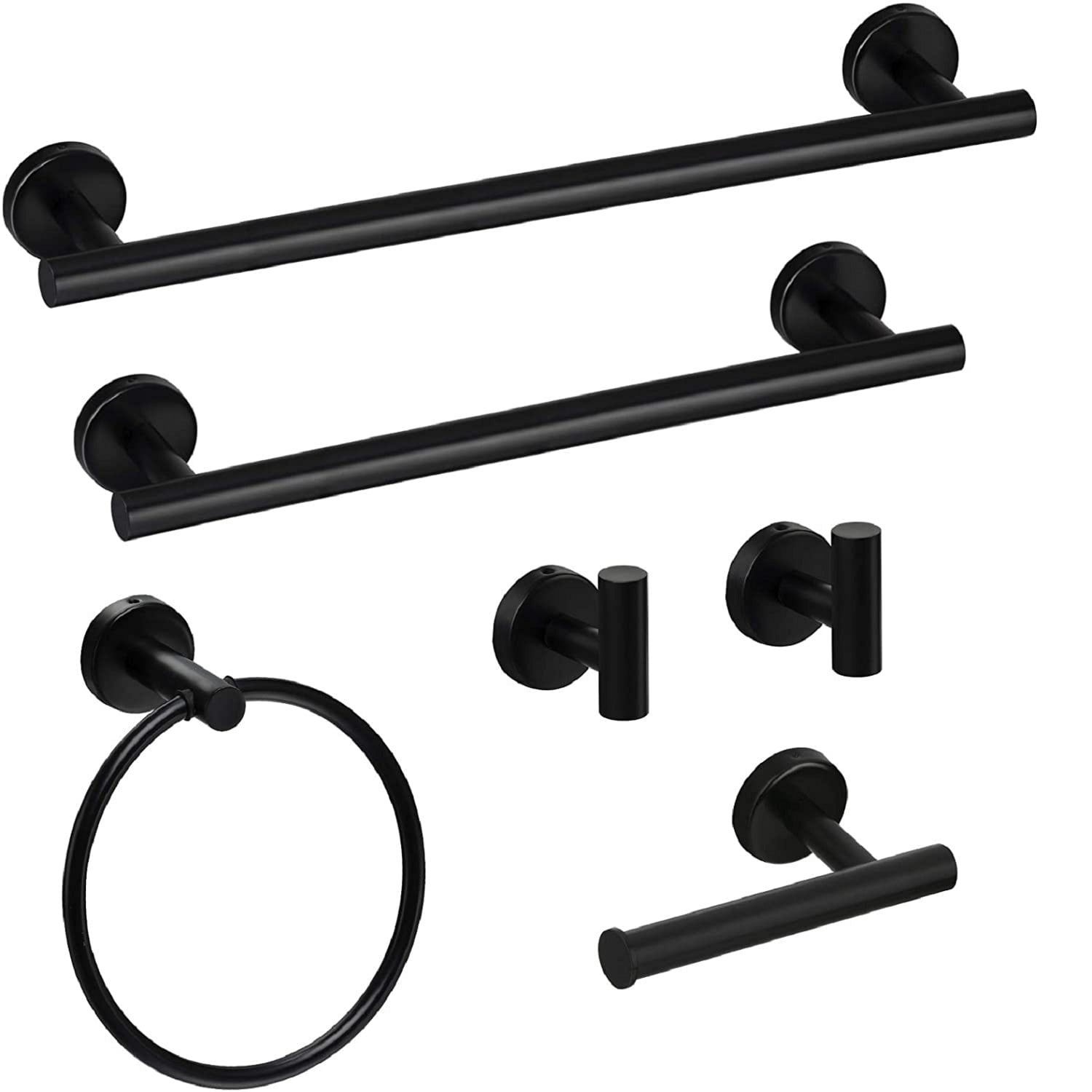 6 Pcs Bathroom Hardware Set,Stainless Steel Round Wall Mounted Includes Hand Towel Bar,Toilet Paper Holder,Robe Towel Hooks,Bathroom Accessories Kit,Black