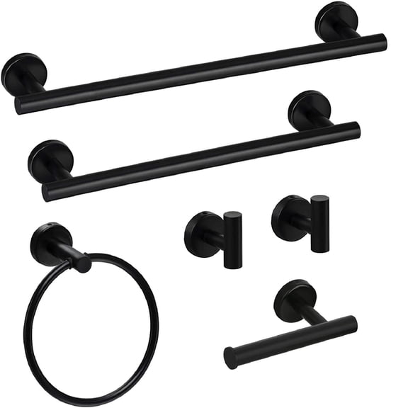 6 Pcs Bathroom Hardware Set,Stainless Steel Round Wall Mounted Includes Hand Towel Bar,Toilet Paper Holder,Robe Towel Hooks,Bathroom Accessories Kit,Black