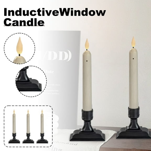 6 Pcs Battery Operated Window Candles, 7.07 Inch Dusk to Dawn Sensor LED Flameless Candles, Ivory Stripped Taper Candles with Suction Cups for Christmas, Window Decor