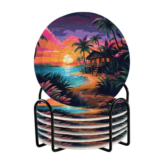 6 Pcs Beach Palm Tree Sunset Drink Coasters with Holder Absorbent Coaster Sets Cup Heat-Resistant Hot Pads Mats for Bar Table Protection