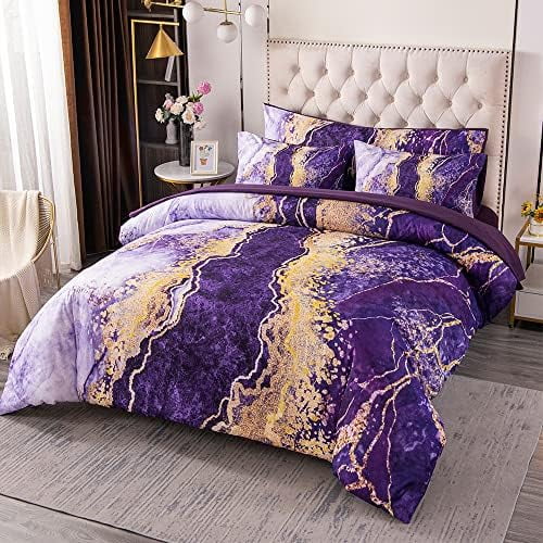 6 Pcs Bed-in-A-Bag Purple Watercolor Marble Colorful Comforter Set,Ultra Soft and Lightweight Bedding Comforter Sheets Set,Luxurious Bedroom Decoration Durable Quilt Set (Purple,Queen)