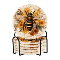6 Pcs Bee with Honey Drink Coasters with Holder Absorbent Coaster Sets Cup Heat-Resistant Hot Pads Mats for Bar Table Protection