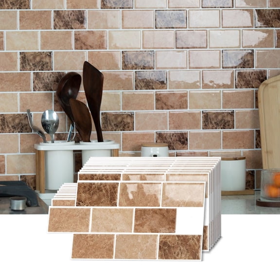 6 Pcs Beige Brown Marbling Tiles Stickers 6 x 12inch Mosaic 3D Brick Wall Decals Waterproof Peel and Stick Backsplash DIY Decor Kitchen Bathroom