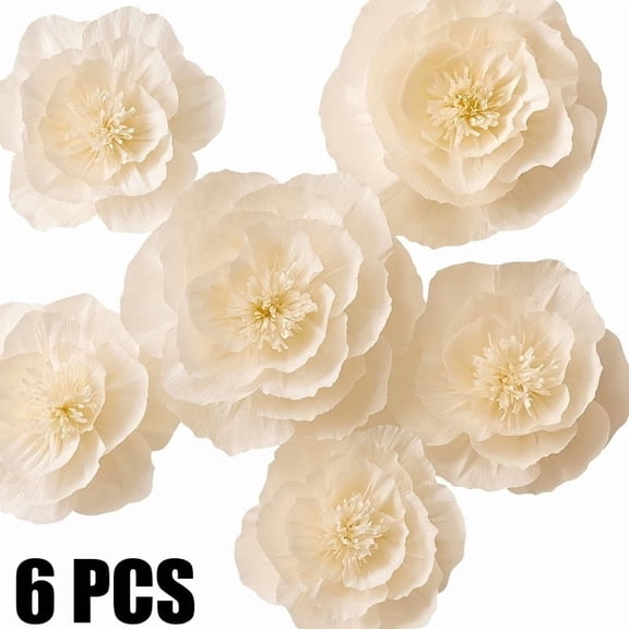 6 Pcs Beige Paper Flower Wall Decor Set Large 12 inch Handmade Crepe Paper Floral Backdrop Decorations for Wedding Party Baby Shower Home Wall Arch Window Display Elegant Event Decor
