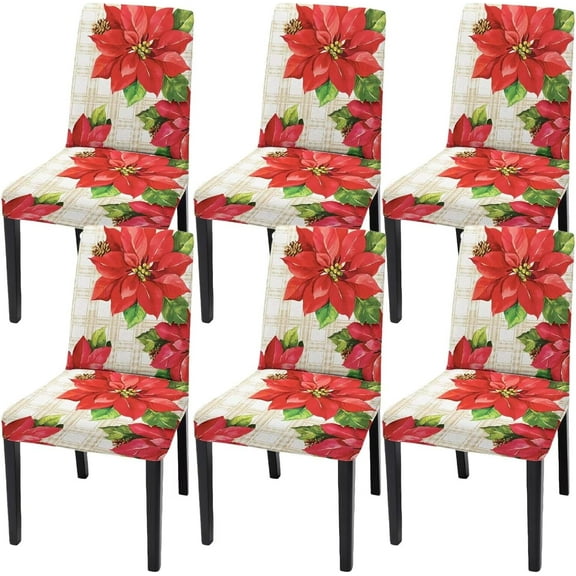 6 Pcs Beige Red Flower Dining Room Chair Cover,Folding Chair Covers, Stretch Chair Covers, Chair Covers Decorative Dining Chairs, Dining Room Kitchen Rre Available Chair Covers
