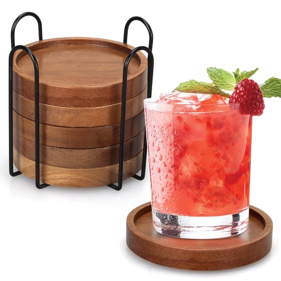 6 Pcs Best Wooden Coasters with Holder Coffee Table Decor Acacia Wood Coaster Set Modern Cup Coaste
