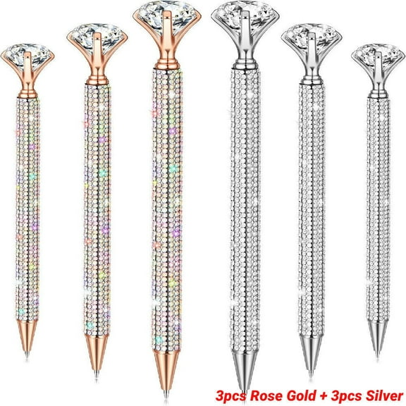 6 Pcs Big Diamond Pens with Crystal Bling Rhinestone Pen Silver, Rose Gold US